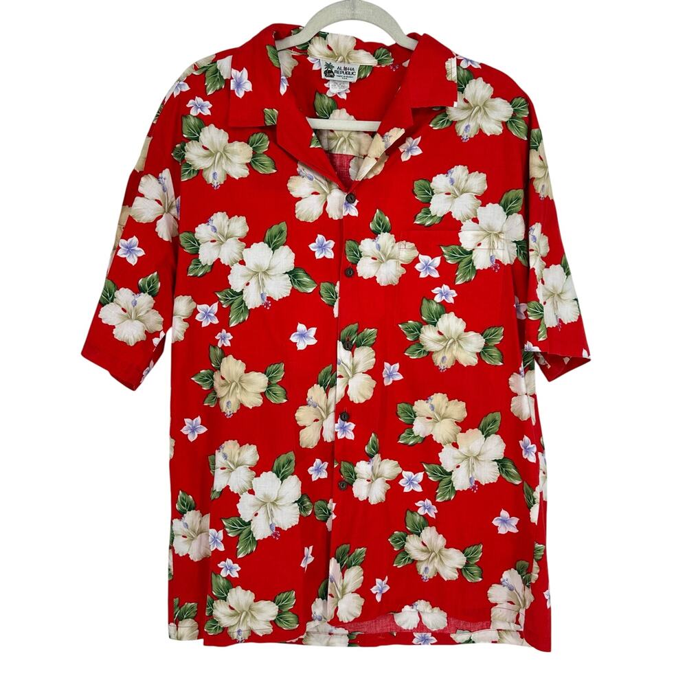Aloha Republic Mens Button Up Shirt Size XL Hibiscus Floral Red Vacation